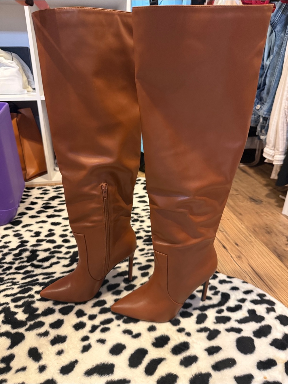 Over-the-Knee Pointed Toe Stiletto Boots in Cognac Brown